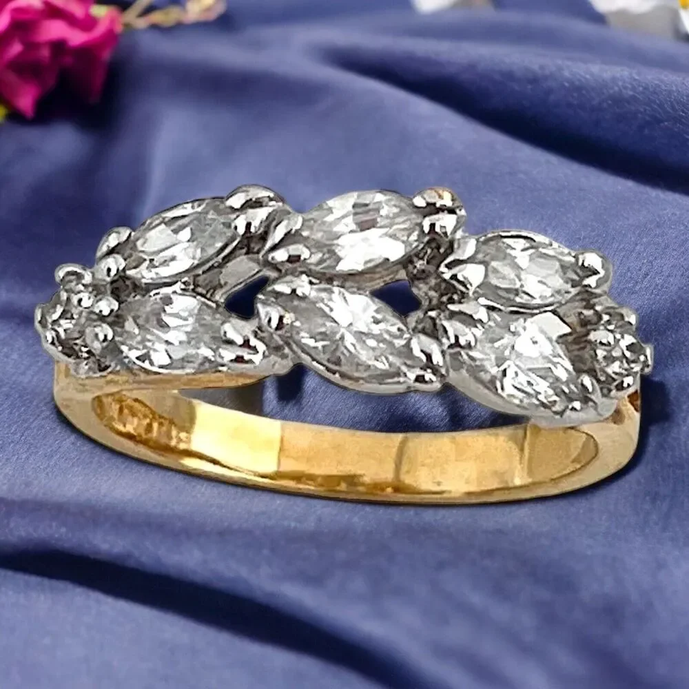 Vintage 1970s Ring Size 7 CZ Marquise Cluster Gold Plated Band - 14Q